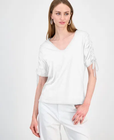 Inc International Concepts Women's Ruched-sleeve V-neck Cotton T-shirt, Macy's Exclusive In White