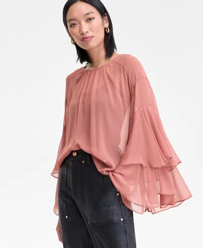 Inc International Concepts Women's Ruffle-trim Bell-sleeve Blouse, Macy's Exclusive In Pink
