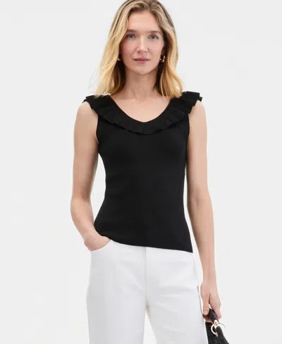 Inc International Concepts Women's Ruffle-trim Metallic Sweater Tank, Macy's Exclusive In Black