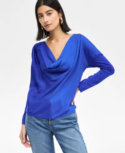 Inc International Concepts Women's Satin-front Cowl-neck Top, Exclusively At Macy's In Bright Blu
