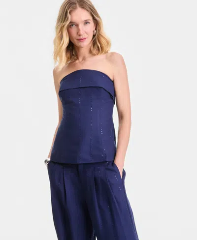 Inc International Concepts Women's Sequin Pinstripe Linen-blend Strapless Top, Macy's Exclusive In Blue
