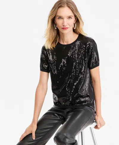 Inc International Concepts Women's Sequin Short-sleeve Crewneck Sweater, Macy's Exclusive In Black