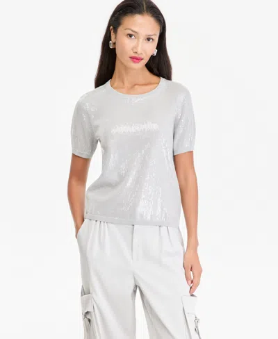 Inc International Concepts Women's Sequin Short-sleeve Crewneck Sweater, Macy's Exclusive In Gray