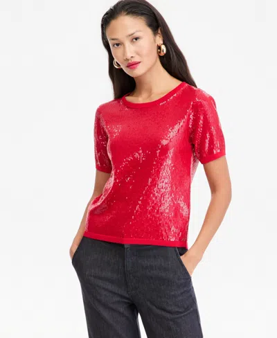 Inc International Concepts Women's Sequin Short-sleeve Crewneck Sweater, Macy's Exclusive In Red