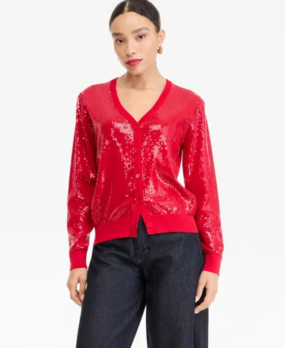 Inc International Concepts Women's Sequin V-neck Cardigan, Macy's Exclusive In Real Red