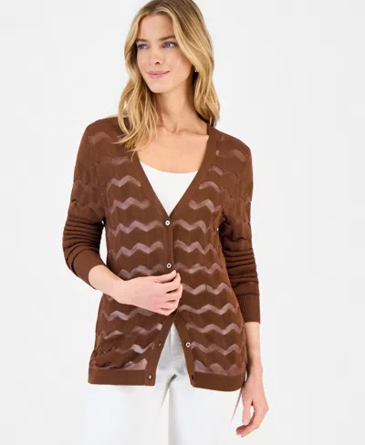 Inc International Concepts Women's Sheer Chevron Stripe Cardigan, Macy's Exclusive In Brown