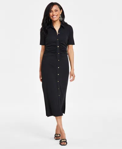 Inc International Concepts Women's Short-sleeve Button-front Dress, Created For Macy's In Deep Black