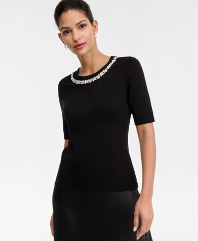 Inc International Concepts Women's Short-sleeve Embellished-neck Sweater, Macy's Exclusive In Black