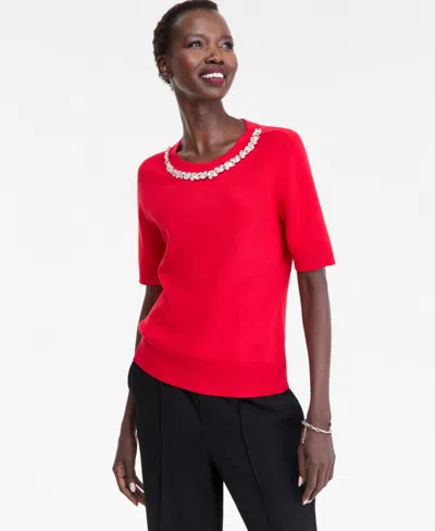 Inc International Concepts Women's Short-sleeve Embellished-neck Sweater, Macy's Exclusive In Red