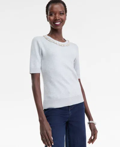 Inc International Concepts Women's Short-sleeve Embellished-neck Sweater, Macy's Exclusive In White
