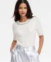 Inc International Concepts Women's Short-sleeve Embellished-neck Sweater, Macy's Exclusive In White