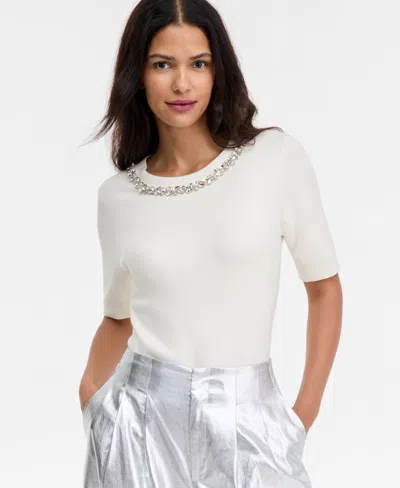 Inc International Concepts Women's Short-sleeve Embellished-neck Sweater, Macy's Exclusive In White