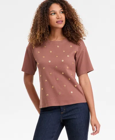 Inc International Concepts Women's Short-sleeve Grommet Top, Macy's Exclusive In Brown