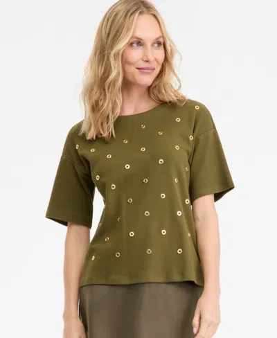 Inc International Concepts Women's Short-sleeve Grommet Top, Macy's Exclusive In Green