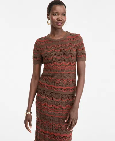 Inc International Concepts Women's Short Sleeve Metallic Crochet Stripe Sweater, Macy's Exclusive In Drk Roast Combo