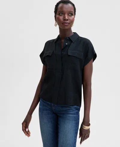 Inc International Concepts Women's Short-sleeve Printed Pocket Blouse, Exclusively At Macy's In Deep Black