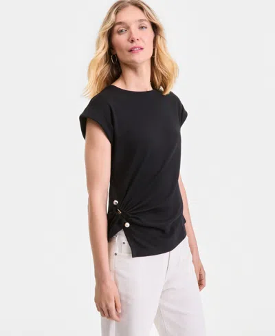 Inc International Concepts Women's Short Sleeve Side-cinched Cotton T-shirt, Macy's Exclusive In Black