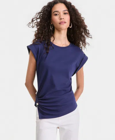 Inc International Concepts Women's Short Sleeve Side-cinched Cotton T-shirt, Macy's Exclusive In Blue
