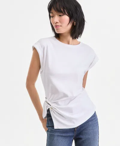 Inc International Concepts Women's Short Sleeve Side-cinched Cotton T-shirt, Macy's Exclusive In White