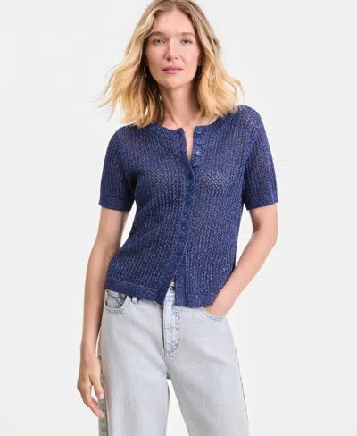Inc International Concepts Women's Short-sleeve Metallic Crochet Cardigan, Macy's Exclusive In Brown