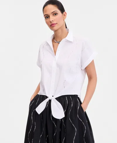 Inc International Concepts Women's Short-sleeve Rhinestone Embellished Tie Waist Blouse, Macy's Exclusive In White