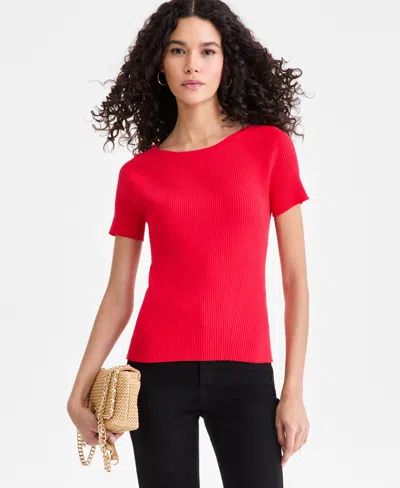 Inc International Concepts Women's Short-sleeve Rib Knit Sweater In Red
