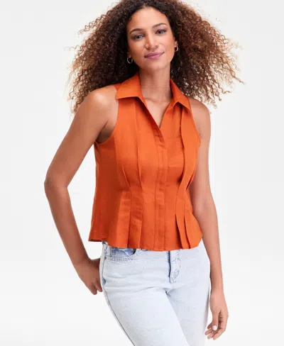 Inc International Concepts Women's Sleeveless Collared Linen Button-down Shirt, Macy's Exclusive In Orange