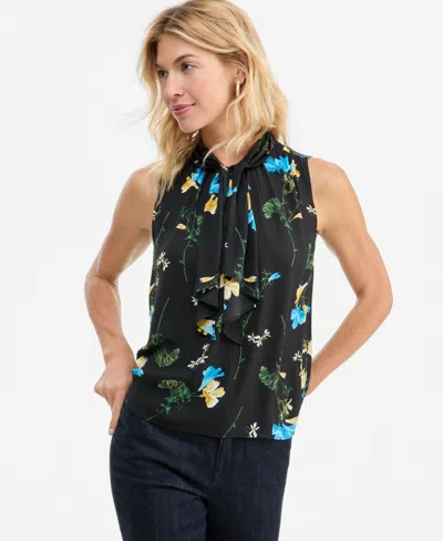 Inc International Concepts Women's Sleeveless Floral-print Ruffle Front Blouse, Macy's Exclusive In Black