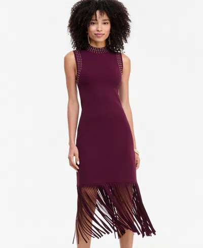 Inc International Concepts Women's Sleeveless Midi Fringe-trim Sweater Dress, Macy's Exclusive In Burgundy