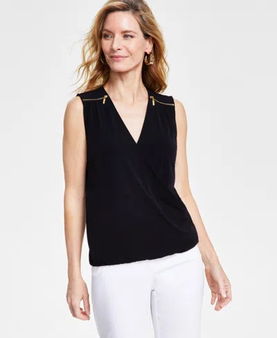 Inc International Concepts Women's Sleeveless Zip-shoulder Surplice Blouse, Created For Macy's In Deep Black