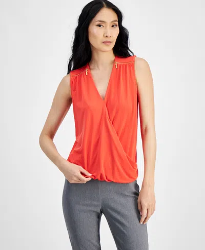 Inc International Concepts Women's Sleeveless Zip-shoulder Surplice Blouse, Created For Macy's In Tropical Punch