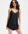 Inc International Concepts Women's Stretch Satin Lace-trim Tank & Tap Shorts Pajama Set, Exclusively At Macy's In Deep Black