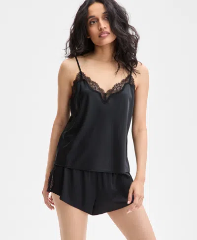 Inc International Concepts Women's Stretch Satin Lace-trim Tank & Tap Shorts Pajama Set, Exclusively At Macy's In Deep Black