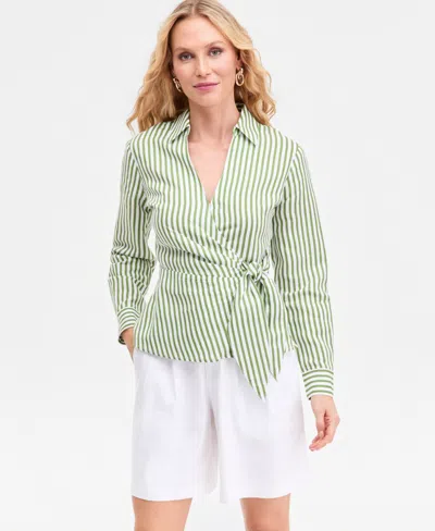 Inc International Concepts Women's Striped Collared Wrap Shirt, Macy's Exclusive In Green