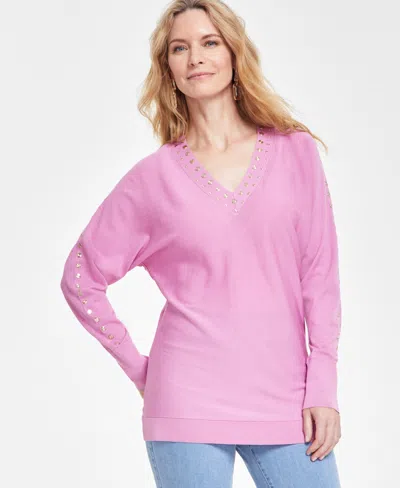 Inc International Concepts Women's Studded V-neck Tunic, Created For Macy's In Pink Azalea