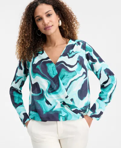 Inc International Concepts Women's Surplice Long-sleeve Blouse, Exclusively At Macy's In Blue