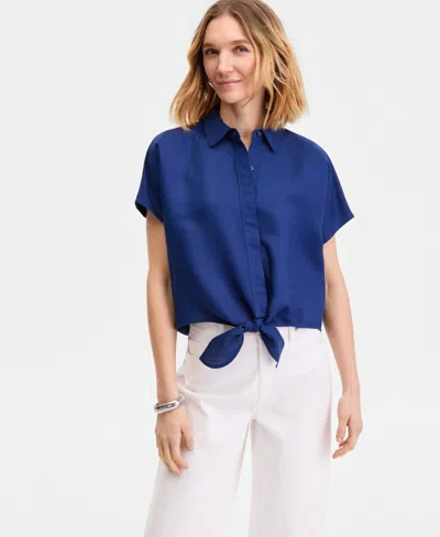 Inc International Concepts Women's Tie-front Blouse, Exclusively At Macy's In Blue