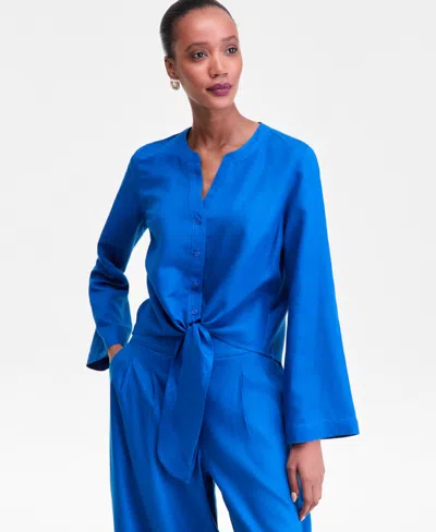 Inc International Concepts Women's Tie-front Button-up Blouse, Macy's Exclusive In Blue