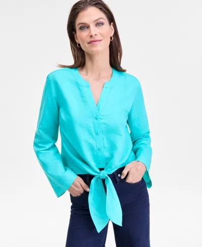 Inc International Concepts Women's Tie-front Button-up Blouse, Macy's Exclusive In Blue
