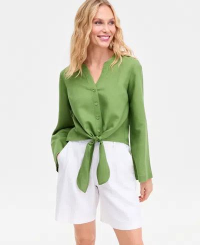 Inc International Concepts Women's Tie-front Button-up Blouse, Macy's Exclusive In Green