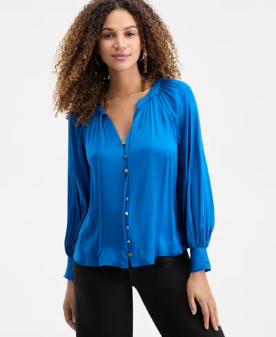 Inc International Concepts Women's Tie-neck Puff-sleeve Blouse, Macy's Exclusive In Blue