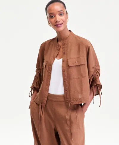 Inc International Concepts Women's Tie-sleeve Chambray Tie-waist Blouse, Macy's Exclusive In Brown