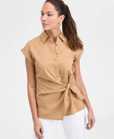 Inc International Concepts Women's Twist-front Tie-waist Shirt, Exclusively At Macy's In Warm Toffe