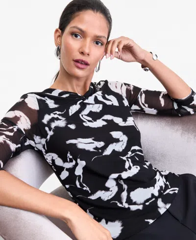 Inc International Concepts Women's Twist-neck Printed Mesh Top, Macy's Exclusive In Black