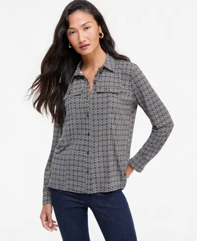 Inc International Concepts Women's Utility Printed Long-sleeve Button-up Blouse, Macy's Exclusive In Blue