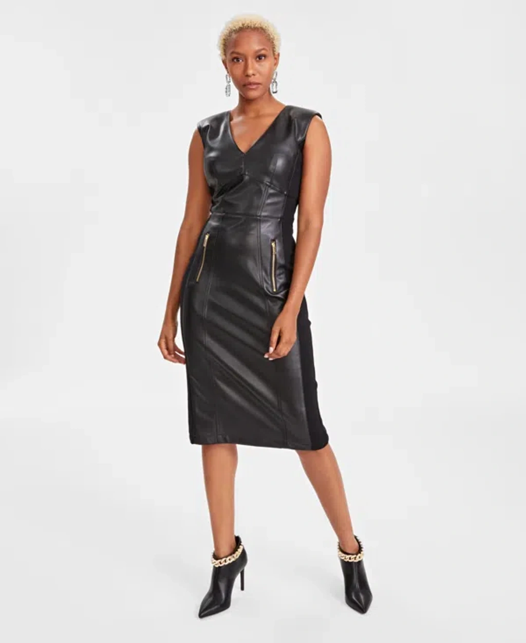 Inc International Concepts Women's V-neck Faux-leather Midi Dress