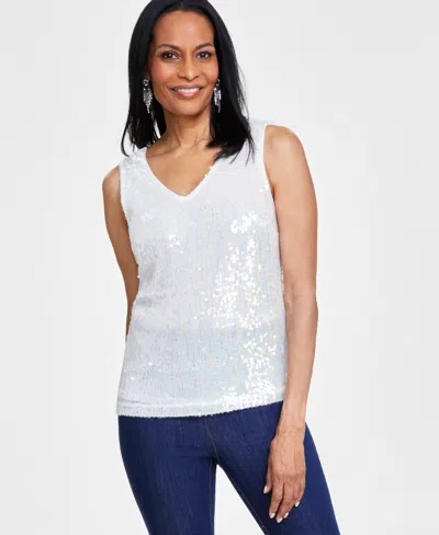 Inc International Concepts Women's V-neck Sequin Tank Top, Created For Macy's In White Sequin
