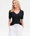 Inc International Concepts Women's V-neck Short Sleeve Ribbed Knit Sweater, Macy's Exclusive In Black