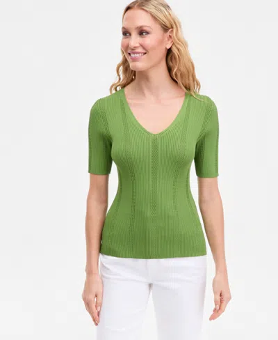 Inc International Concepts Women's V-neck Short Sleeve Ribbed Knit Sweater, Macy's Exclusive In Green