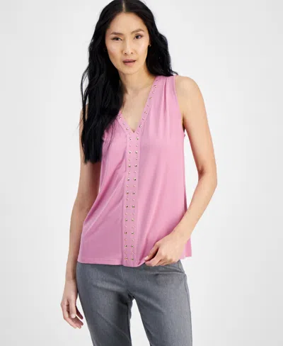 Inc International Concepts Women's V-neck Stud-trim Tank Top, Created For Macy's In Pink Azalea